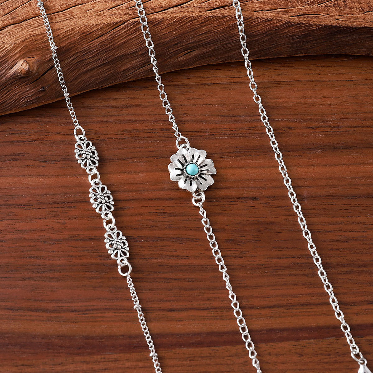 Wholesale Bohemian Turquoise Carved Hollow Flower Adjustable Bracelet Set